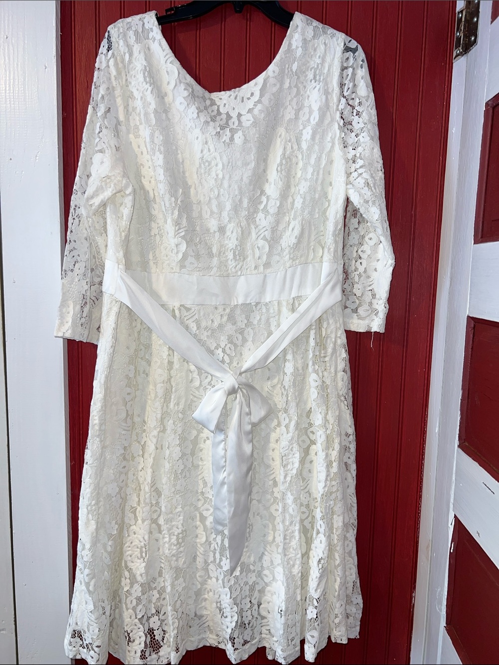 Girls White Lace Fit-and-Flare Dress with Satin Sash